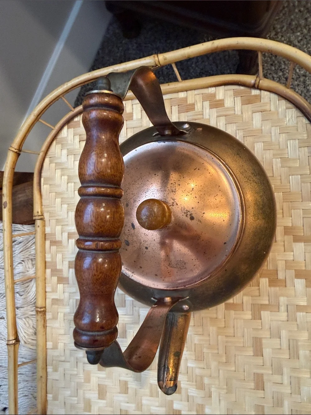 Vintage Copper Tea Kettle Wood Handle Small Decorative Stove Top Kitchen Decor